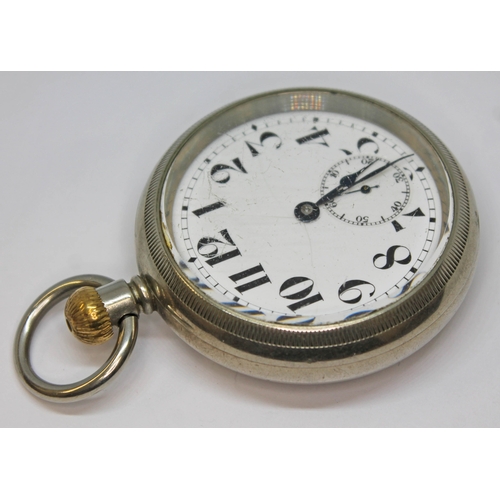 128 - A Cyma open face pocket watch with large Arabic numerals on a white enamel dial and seconds subsidia... 