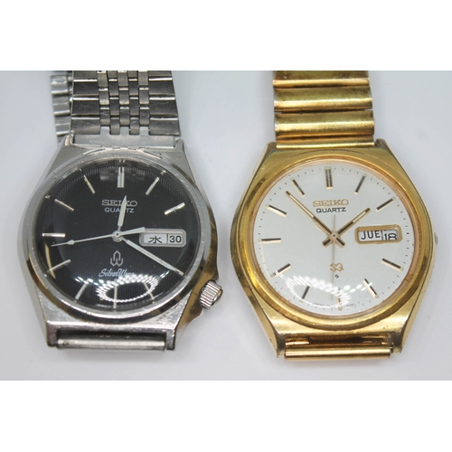 130 - Two vintage Seiko stainless steel quartz day date wristwatches, comprising a Silver wave 7546-8340 w... 