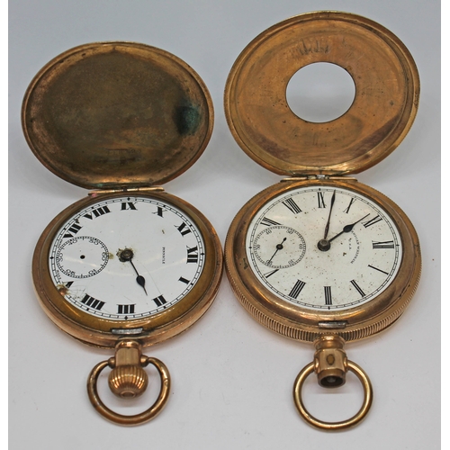 138 - Two gold plated pocket watches, comprising a Waltham half hunter and a Pinnacle hunter - both as fou... 