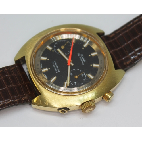 139 - A vintage gold plated Avia Olympic chronograph wristwatch with signed black dial, gold and white hou... 