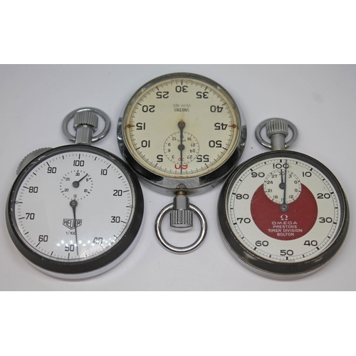 140 - Three stopwatches comprising an Omega 'Prestons Timer Division Bolton', an Heuer and a Smiths.