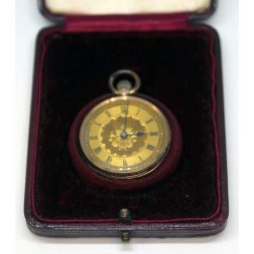 144 - A ladies pocket watch with gilt dial and Roman numerals, the outer case marked '9k' to the inside, g... 