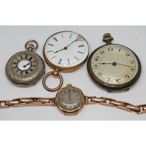 153 - A group of four watches comprising a yellow metal pocket watch wt. 50.73g, a ladies 9ct gold watch w... 