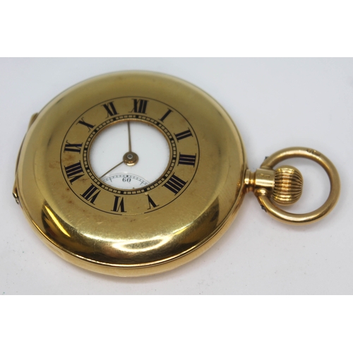 154 - A hallmarked 18ct gold half hunter pocket watch, the white enamel dial having Roman numerals and sec... 