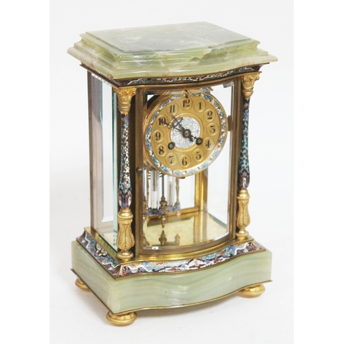 17 - A French late 19th century champlevé enamel, gilt brass and onyx four glass clock, serpentine front,... 