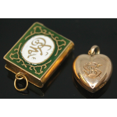 182 - An eastern book pendant and a hallmarked 9ct gold heart shaped pendant, gross wt. 4.33g.