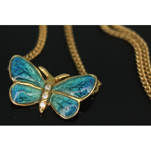 225 - A modern Arts & Crafts style hallmarked 18ct gold enamel and diamond set butterfly pendant on hallma... 