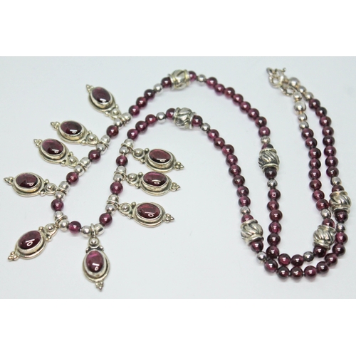 238 - A purple garnet cabochon and bead necklace, hallmarked silver, length 40cm.