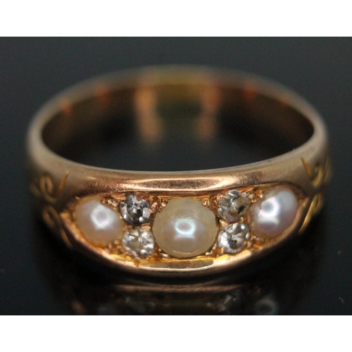 239 - A Victorian diamond and pearl ring cluster ring, band unmarked, gross wt. 3.36g, size P.