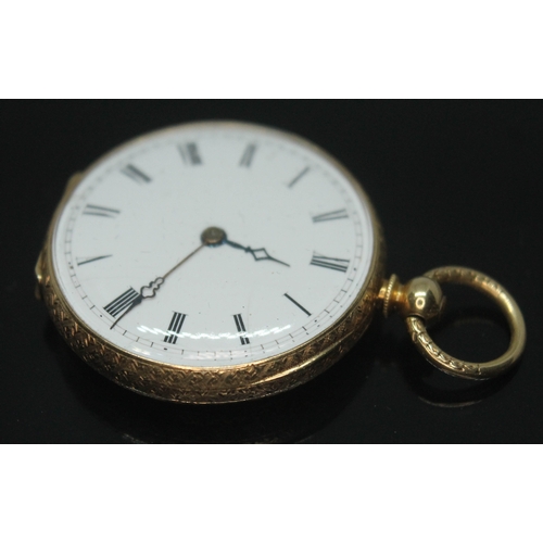 295 - A ladies bright engraved pocket watch, marked '18K', diam. 32mm, gross wt. 26.67g.