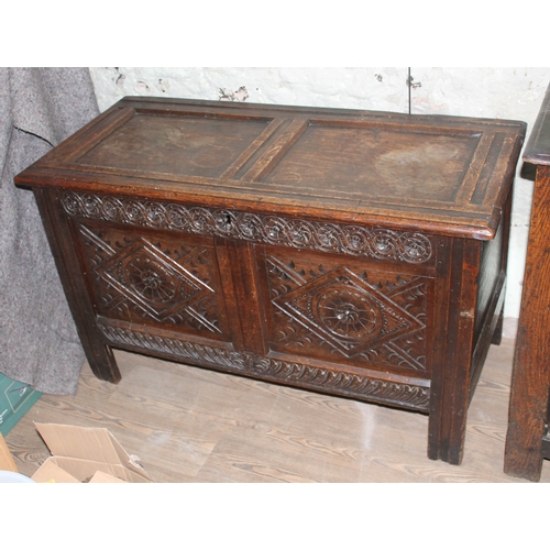 30 - An 18th century joined oak coffer, length 122cm, depth 53cm & height 72cm.