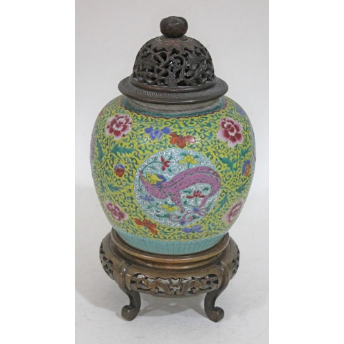 416 - A Chinese 19th century ginger jar, with pierced and carved wood cover and stand, total height 41cm.