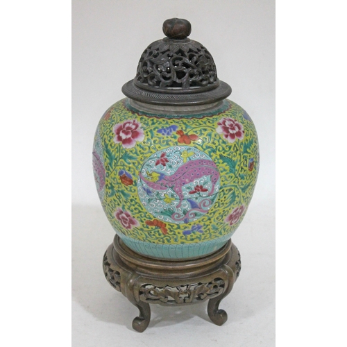 416 - A Chinese 19th century ginger jar, with pierced and carved wood cover and stand, total height 41cm.