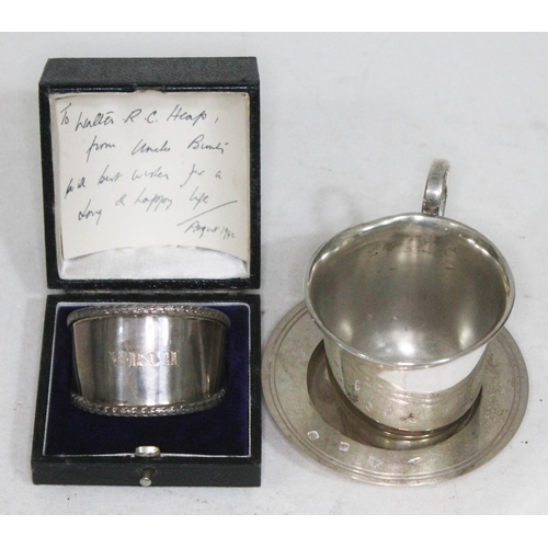 74 - Hallmarked silver comprising a tankard, a pin dish and a cased serviette ring, wt. 6oz.