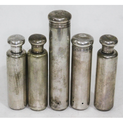 91 - A group of five hallmarked silver topper bottles.