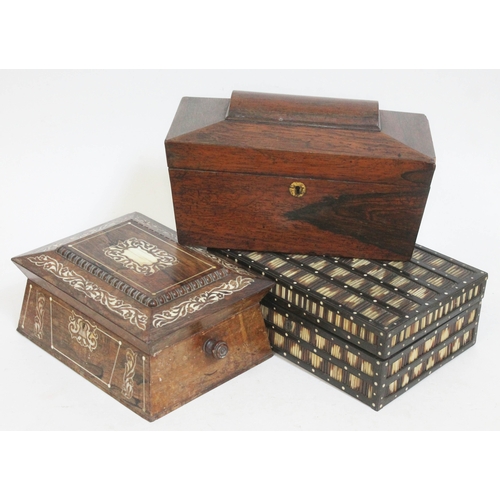 454 - A group of three boxes comprising a Regency rosewood tea caddy, a porcupine needle work work and an ... 