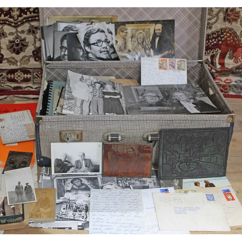 455 - A suitcase containing ephemera relating to James Lawrence Isherwood (1917-1989), including a lino cu... 