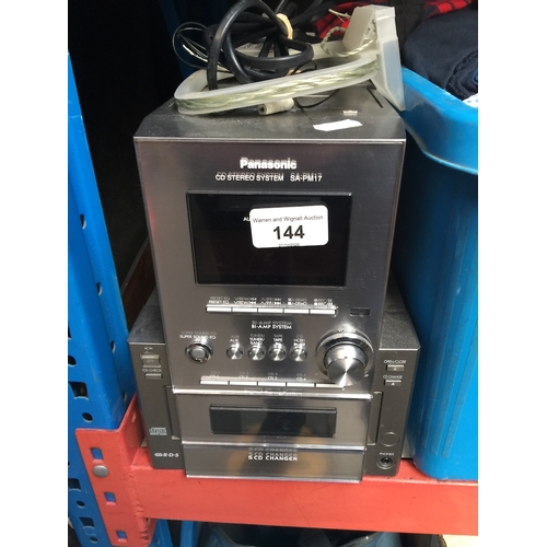 144 - Panasonic CD stereo system, model no : SA-PM17, with pair of speakers, remote, aerial and instructio... 