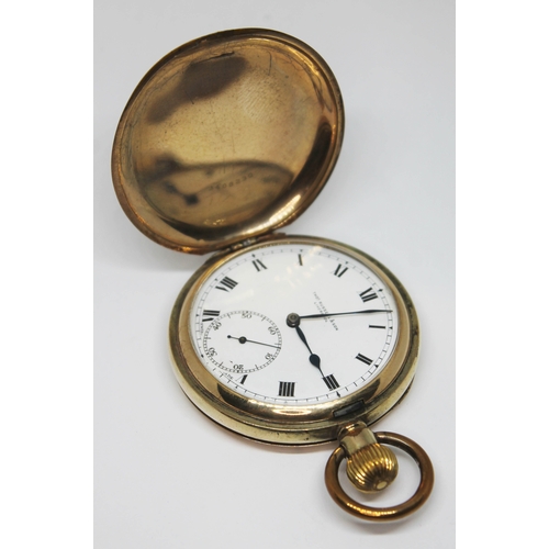 127 - A gold plated Thomas Russell & Son, Liverpool, full hunter pocket watch with white enamel signed dia... 