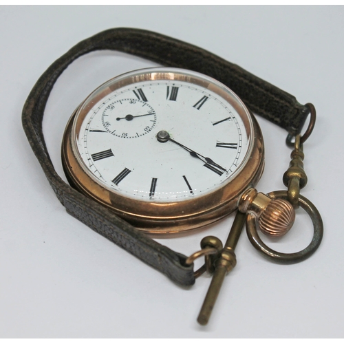 128 - An early 20th century gold plated pocket watch with white enamel dial and spade hands, the movement ... 