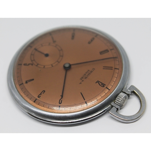 110 - A Union Soleure nickel plated pocket watch with bronzed signed dial, Roman numerals and baton hands ... 