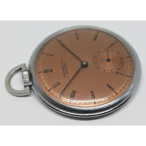 110 - A Union Soleure nickel plated pocket watch with bronzed signed dial, Roman numerals and baton hands ... 