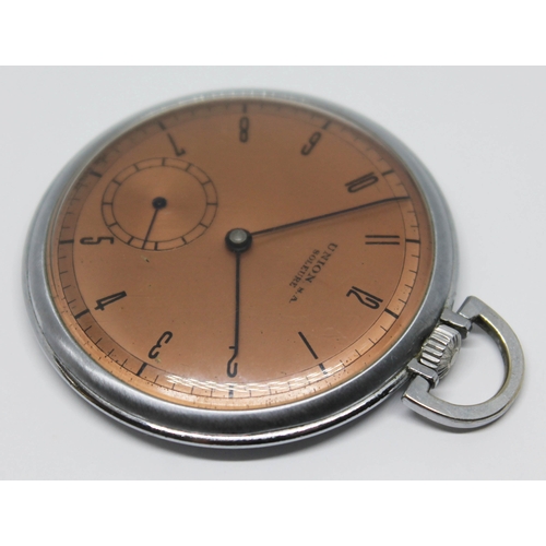 110 - A Union Soleure nickel plated pocket watch with bronzed signed dial, Roman numerals and baton hands ... 