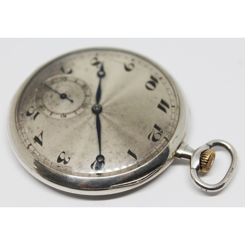 111 - A 1920s silver cased pocket watch with silver tone guilloche dial, Arabic numerals and breguet hands... 