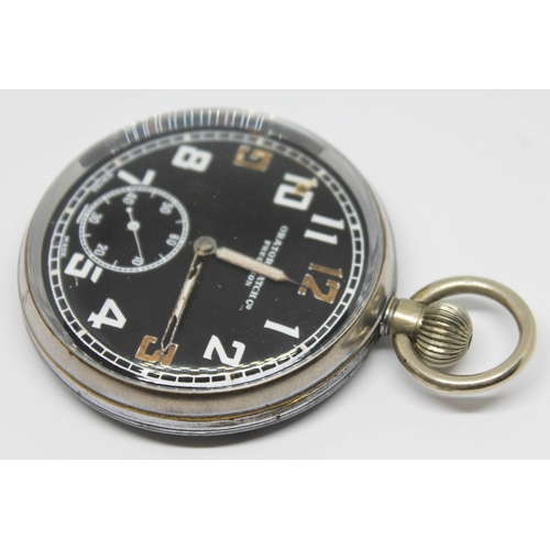 112 - An Orator Watch Co military general service time piece pocket watch having white Arabic numerals and... 