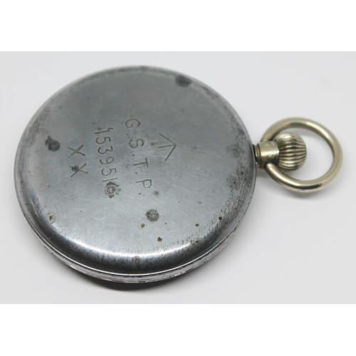 112 - An Orator Watch Co military general service time piece pocket watch having white Arabic numerals and... 