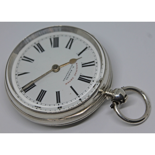 113 - A Victorian Railway Lever hallmarked silver pocket watch with white dial, Roman numerals and spade h... 