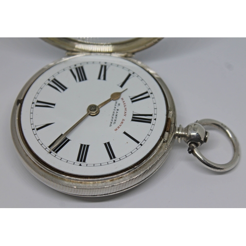 113 - A Victorian Railway Lever hallmarked silver pocket watch with white dial, Roman numerals and spade h... 