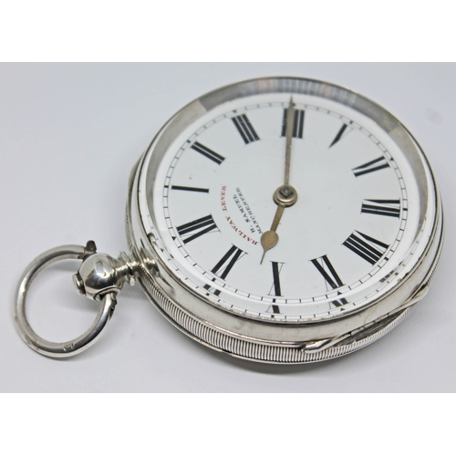 113 - A Victorian Railway Lever hallmarked silver pocket watch with white dial, Roman numerals and spade h... 