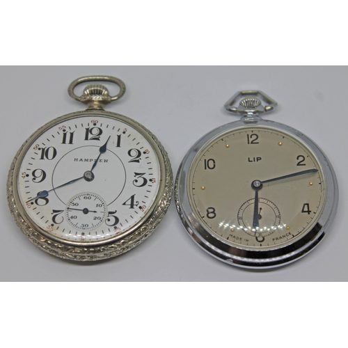 114 - A Hampden nickel plated pocket watch and a Lip chrome plated pocket watch, case diameters 47mm & 46m... 