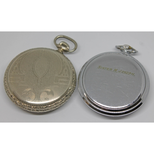 114 - A Hampden nickel plated pocket watch and a Lip chrome plated pocket watch, case diameters 47mm & 46m... 