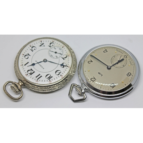 114 - A Hampden nickel plated pocket watch and a Lip chrome plated pocket watch, case diameters 47mm & 46m... 