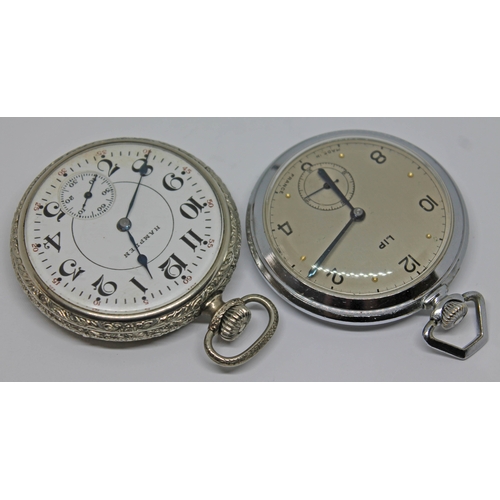 114 - A Hampden nickel plated pocket watch and a Lip chrome plated pocket watch, case diameters 47mm & 46m... 