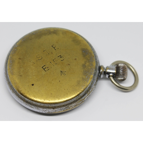 115 - A Waltham military general service time piece pocket watch having Roman numerals on a white dial, th... 