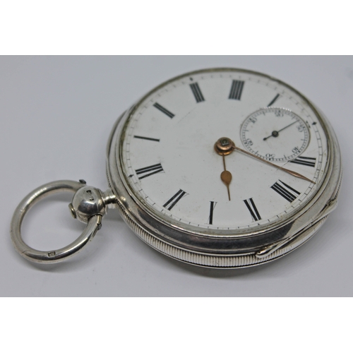 116 - A Victorian hallmarked silver English lever pocket watch with white enamel dial, Roman numerals, spa... 