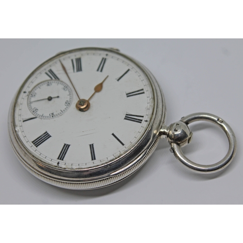 116 - A Victorian hallmarked silver English lever pocket watch with white enamel dial, Roman numerals, spa... 