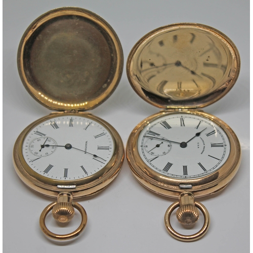 117 - Two Waltham gold plated pocket watches, both with white signed dials, Roman numerals and seconds sub... 