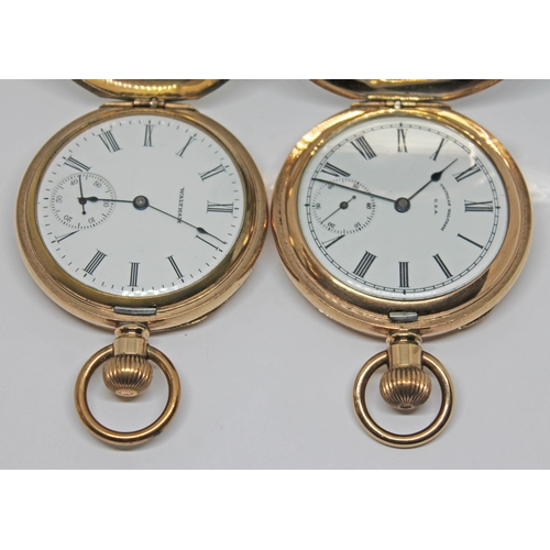 117 - Two Waltham gold plated pocket watches, both with white signed dials, Roman numerals and seconds sub... 