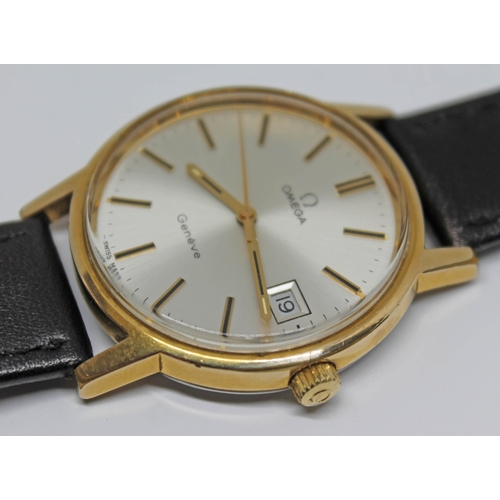 120 - A 1972 gold plated Omega Geneve wristwatch, reference 136.0099, with silver signed dial, hands and h... 