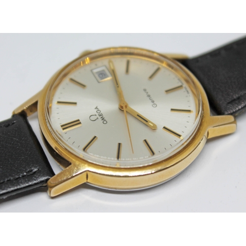 120 - A 1972 gold plated Omega Geneve wristwatch, reference 136.0099, with silver signed dial, hands and h... 