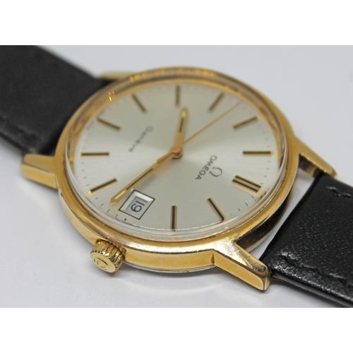 120 - A 1972 gold plated Omega Geneve wristwatch, reference 136.0099, with silver signed dial, hands and h... 