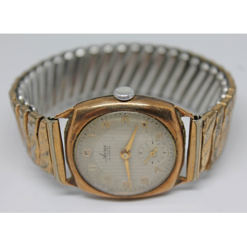 121 - A vintage hallmarked 9ct gold Aria 15 jewel manual wind wristwatch with signed guilloche dial, Arabi... 