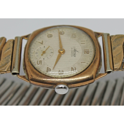 121 - A vintage hallmarked 9ct gold Aria 15 jewel manual wind wristwatch with signed guilloche dial, Arabi... 