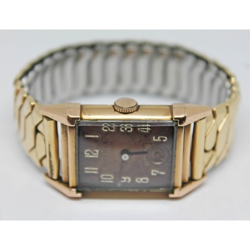 124 - An Art Deco style Bulova 14ct gold filled wristwatch with 21 jewel manual wind movement, on gold ton... 