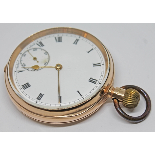 126 - A hallmarked 9ct gold pocket watch, with white enamel dial, gold spade hands and seconds subsidiary ... 