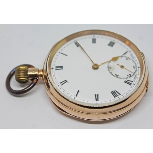 126 - A hallmarked 9ct gold pocket watch, with white enamel dial, gold spade hands and seconds subsidiary ... 